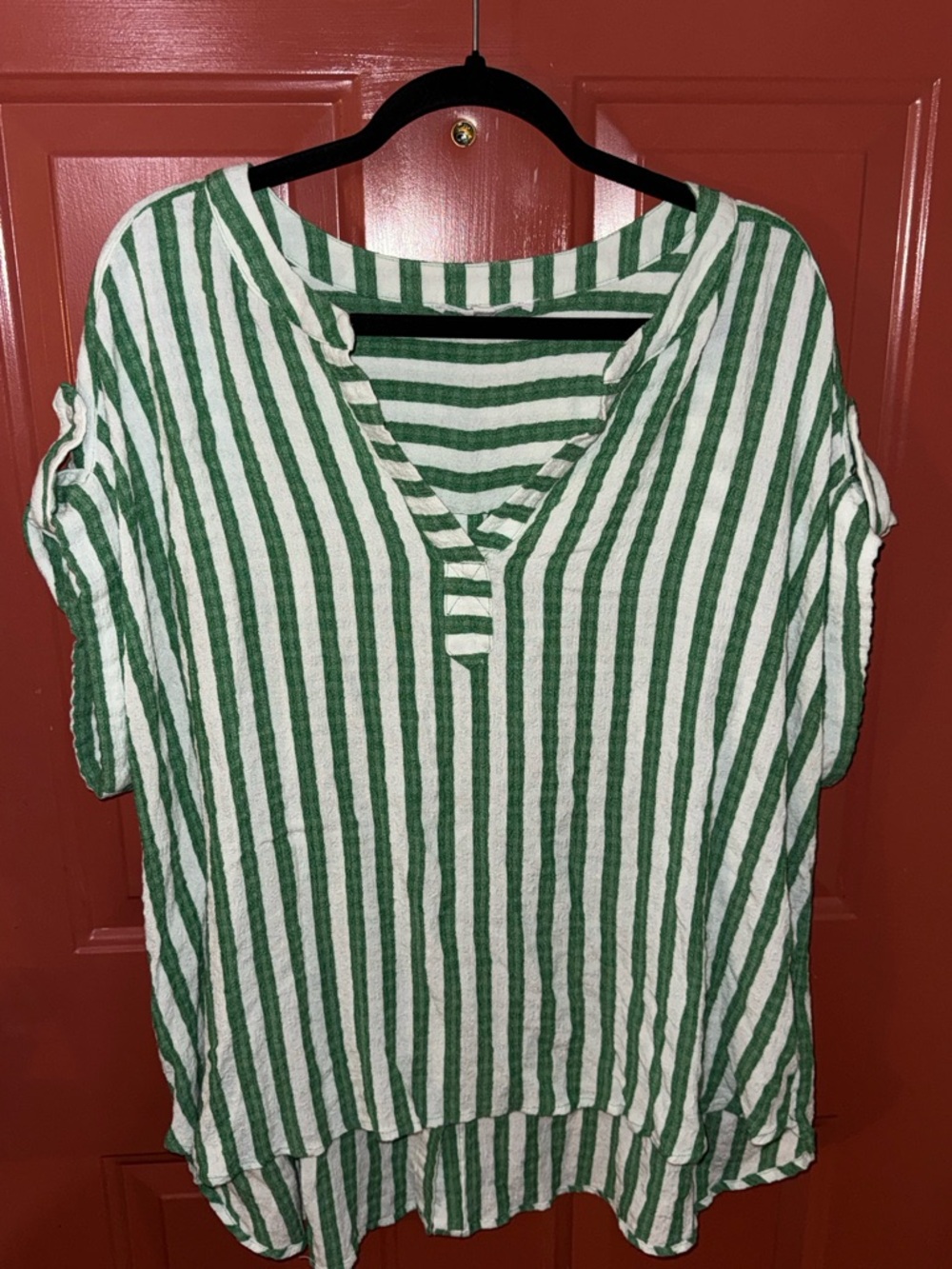 Jane and Delancey Green and White Striped V-Neck Short Sleeve Top